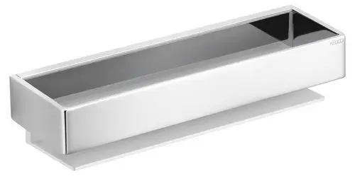 Duschkorb aus metallischem Material mit rechteckiger Form und glatter Oberfläche, montiert an einer Wand. Marke Keuco ist sichtbar.